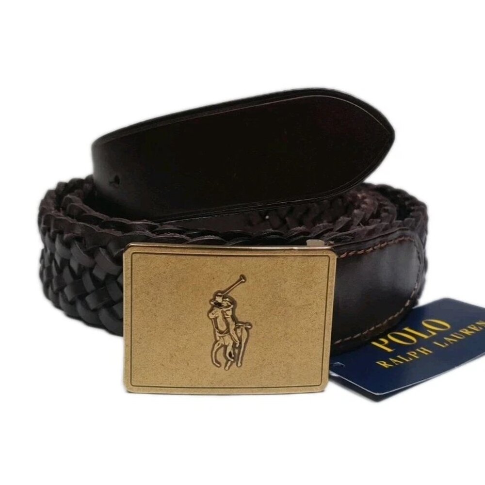 Polo Ralph Lauren Men's Pony Plaque Woven Leather Belt Brown Size 42